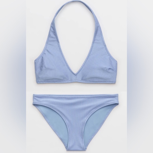 NWT Aerie FULL SET Shine Rib Halter Top + Full Coverage Bottom in Monaco Blue - Picture 1 of 4